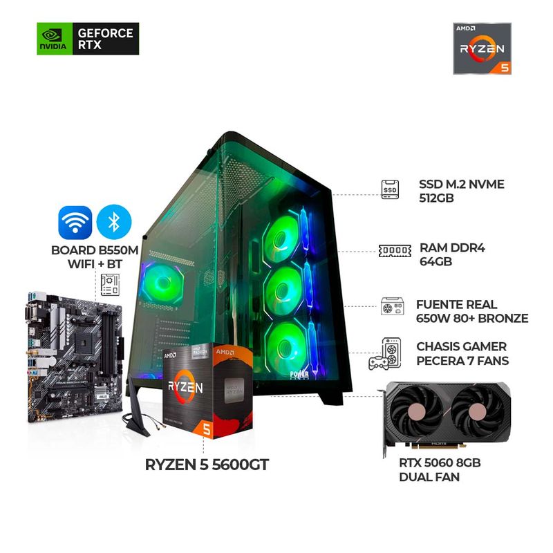 AMD - PC GAMER RYZEN 5600GT+ RTX 5060 8GB+ CHASIS PECERA 7 FANS RGB RAM 64GB SSD 512GB