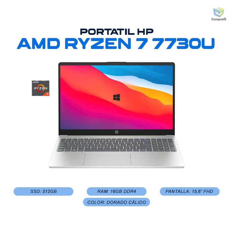 HP - Portatil HP AMD Ryzen 7 7730U 16GB 512GB SSD - 15-FC0012LA