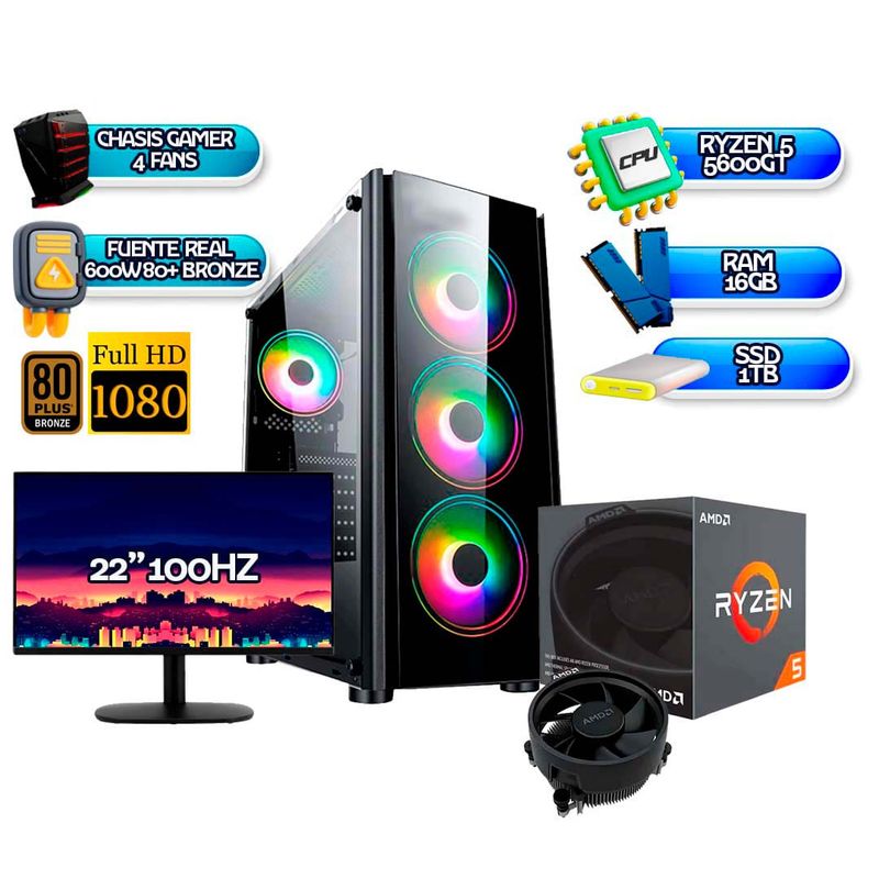 AMD - PC GAMING AMD R5 5600GT+ MONITOR 22” 100HZ + 1TB SSD + 16GB RAM+ CASE 4FANS RGB