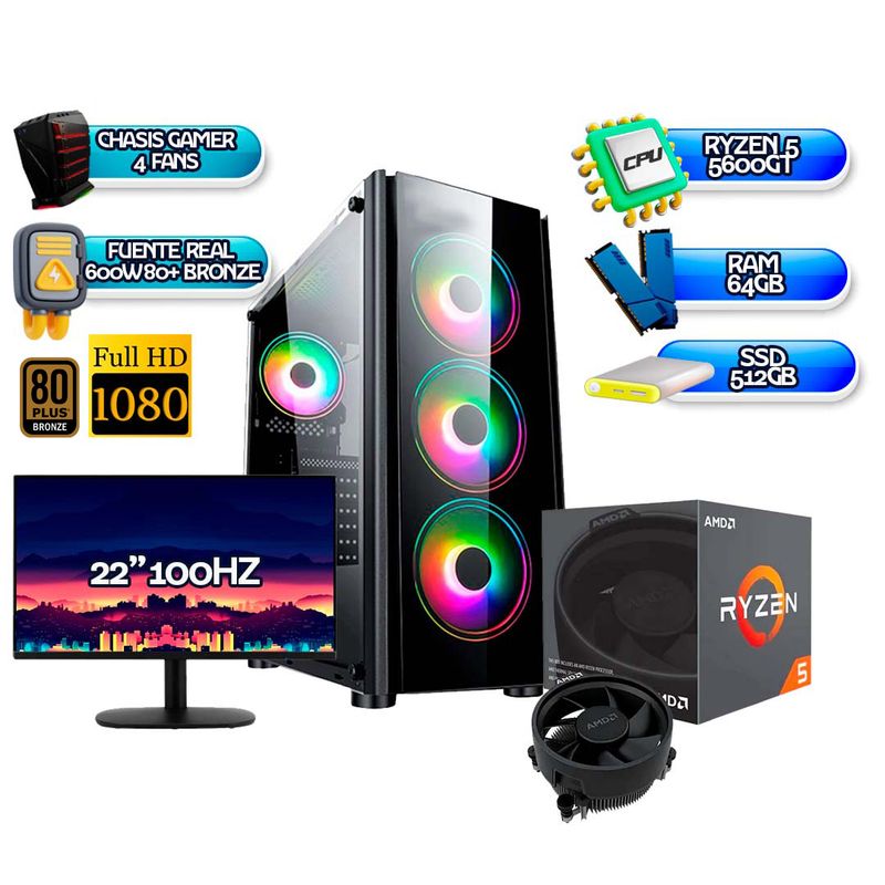 AMD - PC GAMING R5 5600GT+ MONITOR 22” 100HZ + 512GB SSD + 64GB RAM+ CASE 4FANS RGB