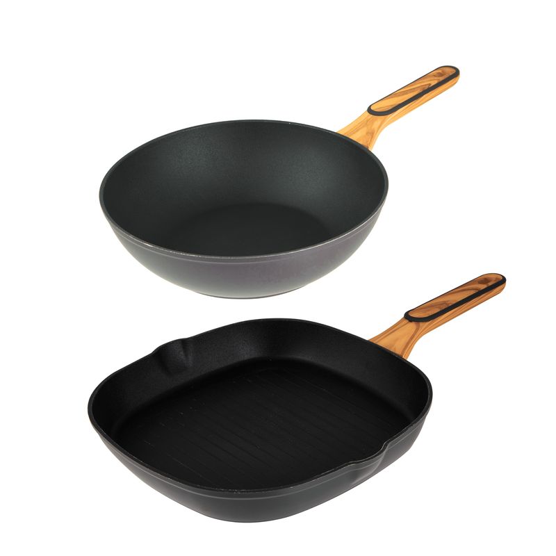 BERGNER - Set x2 Sartenes Charcoal Wok y Grill 28 cm Aluminio Forjado