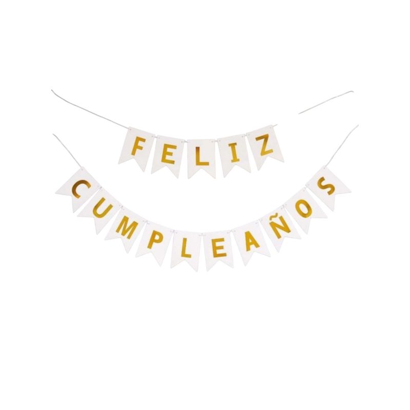 GENERICO - Banderin guirnalda Feliz Cumpleaños blanco con dorado