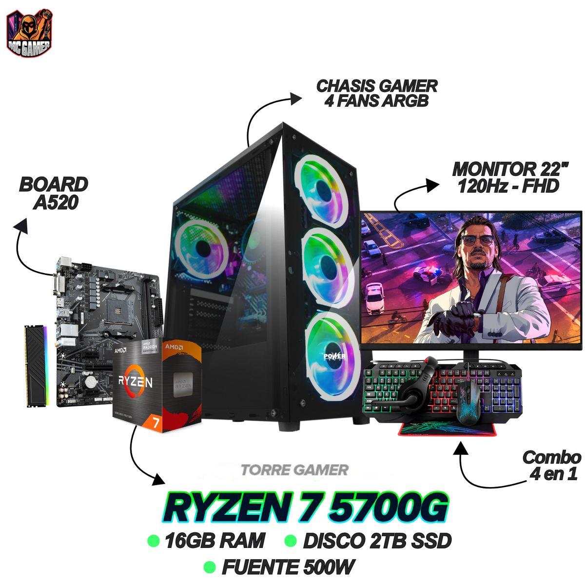 AMD - PC GAMING - RYZEN 7 5700G - RAM 16GB - 2TB SSD - MONITOR 22" FHD 120Hz +  COMBO 4 EN 1