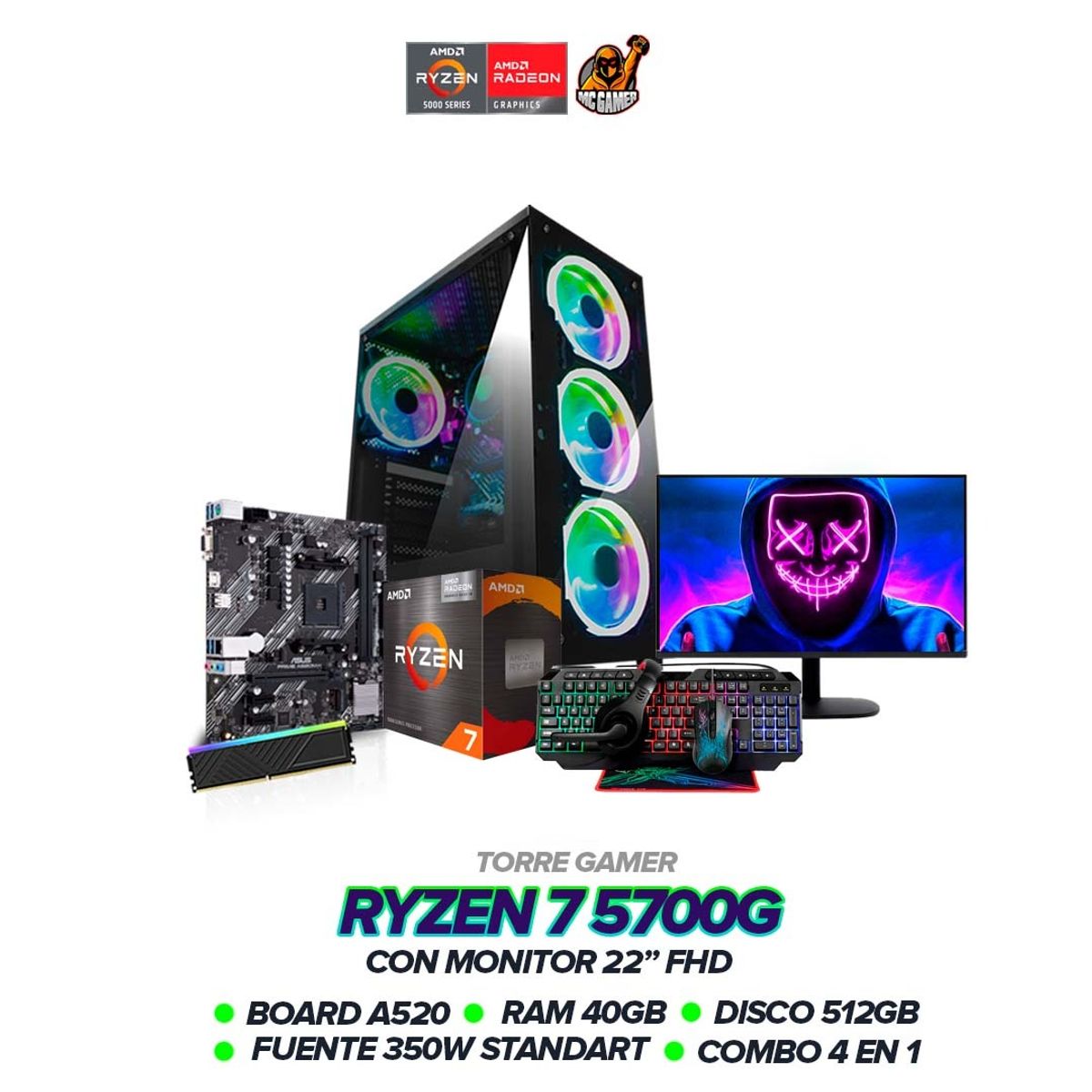 AMD - PC Ryzen 7 5700G/ 40GB RAM / SSD 512GB / 350W / Monitor 22" FHD / Combo 4 En 1