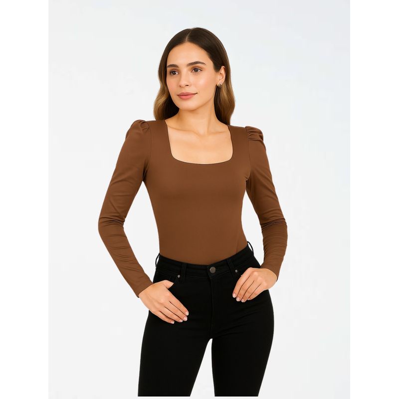 MOLGOA - Body para Mujer Escote Cuadrado Manga Bombacha - Bianco Mocca