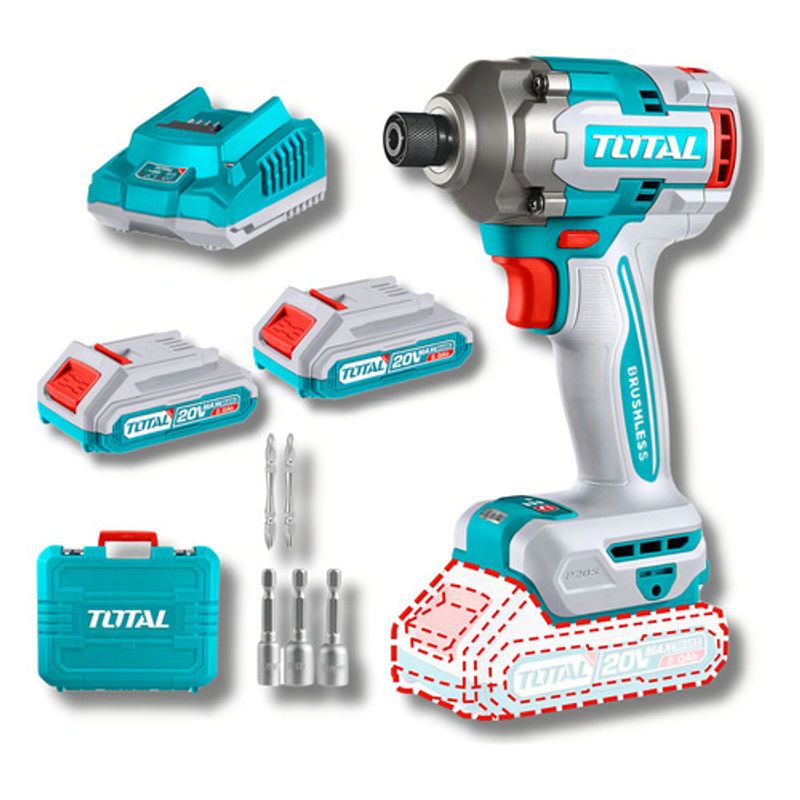 TOTAL - Atornillador de Impacto Inalambrico 1/4 + 2 baterias + acc total