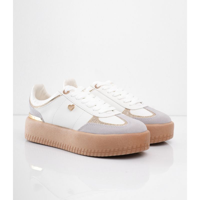 CALZADO ADRENALINA - Tenis blancos clásicos con puntera en gamuza y plataforma café VIGGOTAL