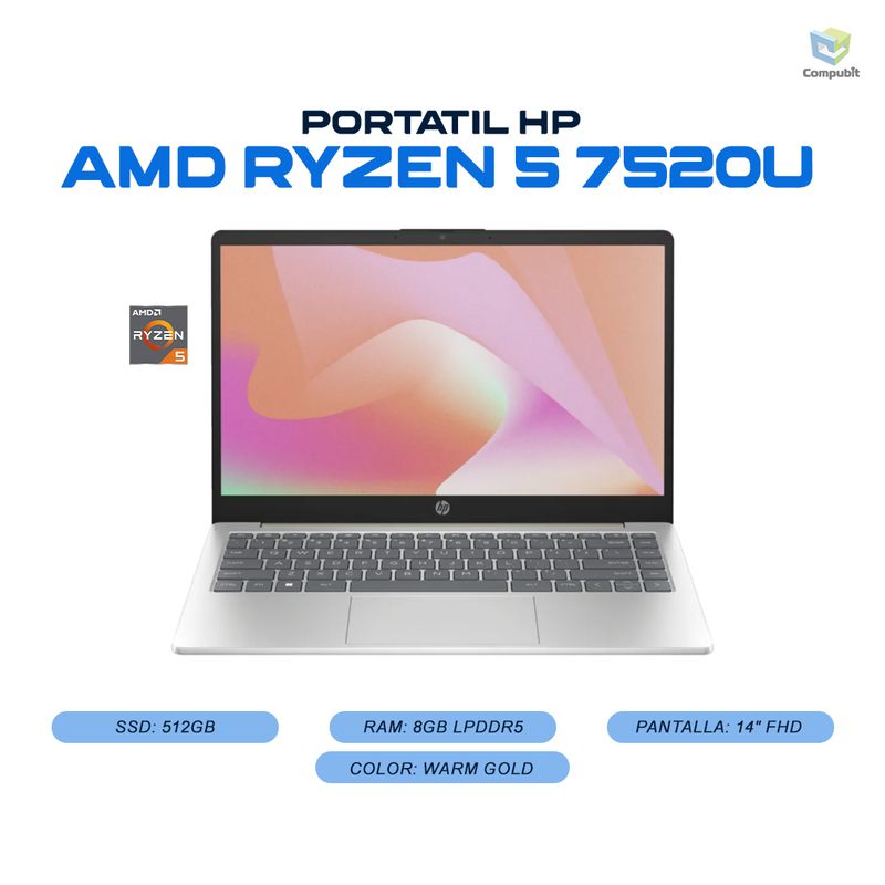 HP - Portátil HP Ryzen 5 7520U 8GB 512GB 14" - 14-EM0014LA