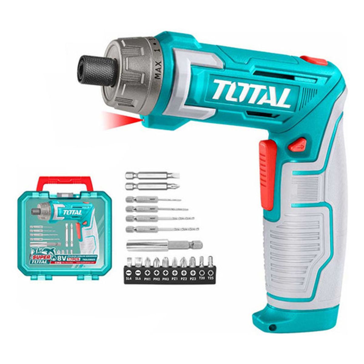 TOTAL - Atornillador Inalambrico 8v 6nm Estuche Plastico + 17 Piezas Total