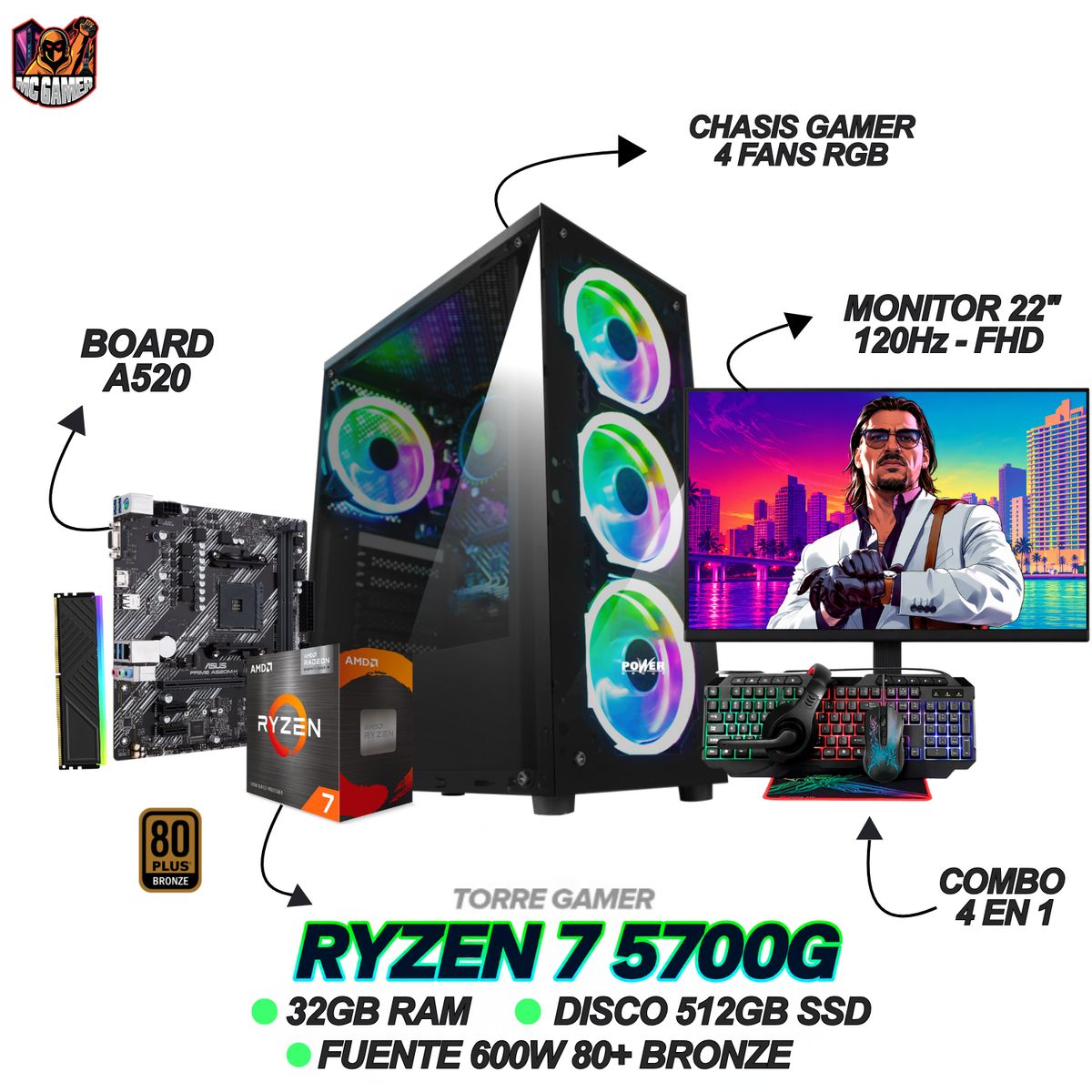 AMD - PC GAMER - RYZEN 7 5700G - 32GB RAM - SSD 512GB - 600W 80 PLUS - MONITOR 22" 120Hz  + Combo 4 En 1