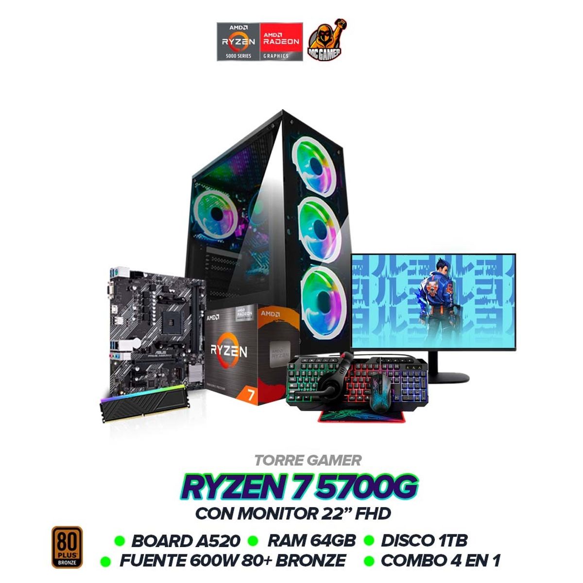AMD - PC Ryzen 7 5700G/ 64GB RAM / SSD 1TB / 600W / Monitor 22" FHD / Combo 4 En 1