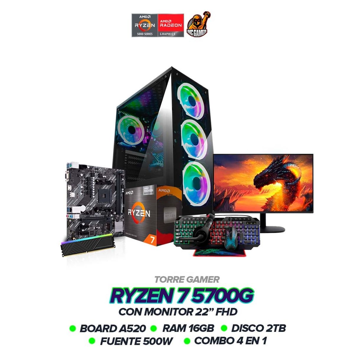 AMD - PC Ryzen 7 5700G/ 16GB RAM / SSD 2TB / 500W / Monitor 22" FHD / Combo 4 En 1