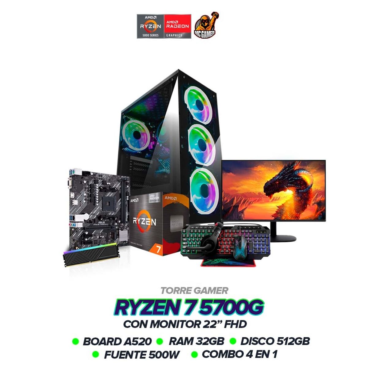 AMD - PC Ryzen 7 5700G/ 32GB RAM / SSD 512GB / 500W / Monitor 22" FHD / Combo 4 En 1