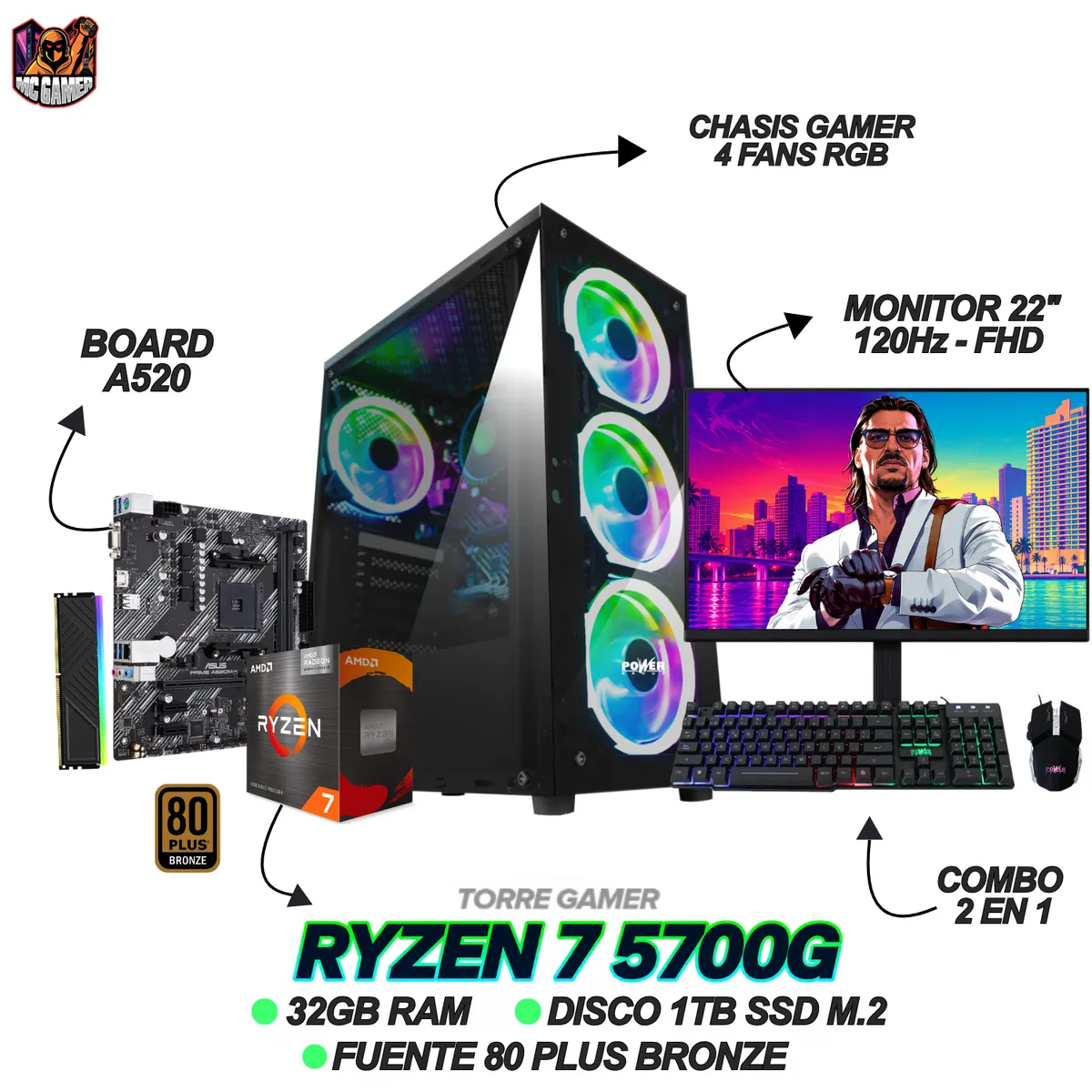 AMD - PC GAMER - RYZEN 7 5700G - RAM 32GB - SSD 1TB  - FUENTE 80 PLUS - MONITOR 22" 120 Hz + COMBO 2 EN 1