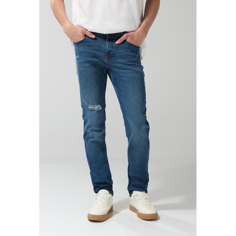 KOAJ - KOAJ Jean slim ajustado azul oscuro con tiro bajo y rotos Hombre