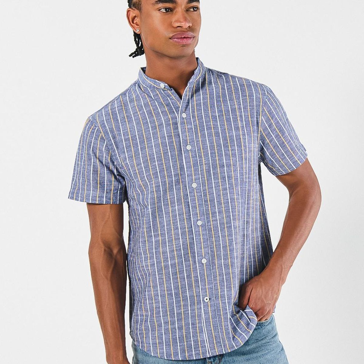 KOAJ - KOAJ Camisa cuello neru o mao, manga corta en slim fit, a ra Hombre