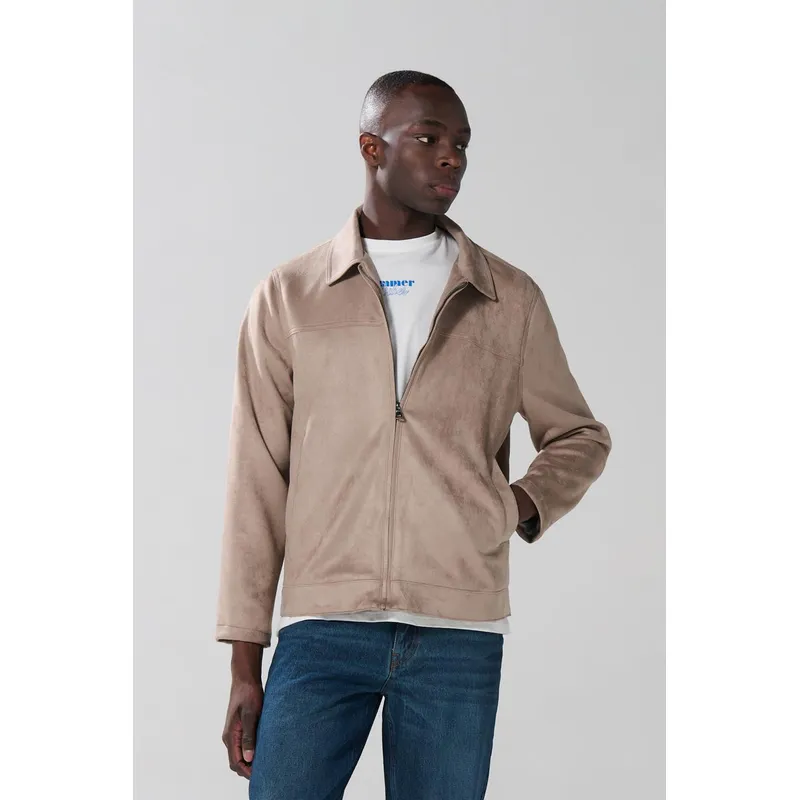 KOAJ - KOAJ Chaqueta liviana café con cuello trucker y cremallera Hombre
