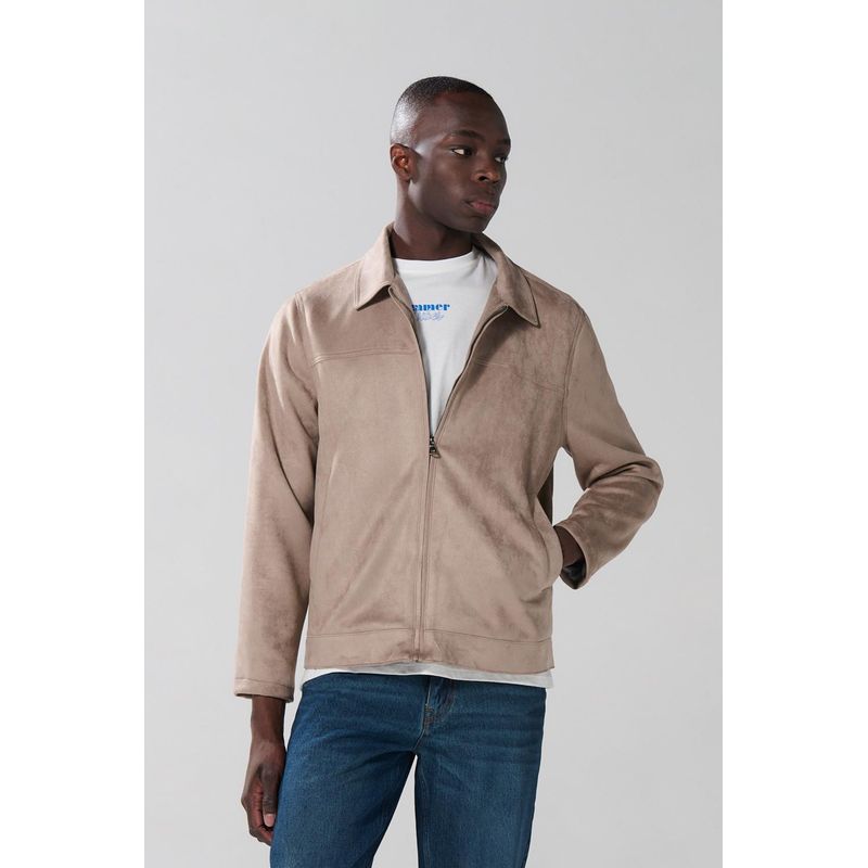 KOAJ - KOAJ Chaqueta liviana café con cuello trucker y cremallera Hombre