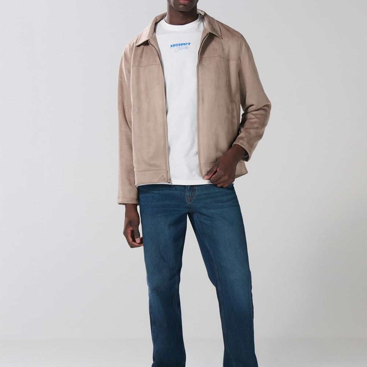 KOAJ - KOAJ Chaqueta liviana café con cuello trucker y cremallera Hombre