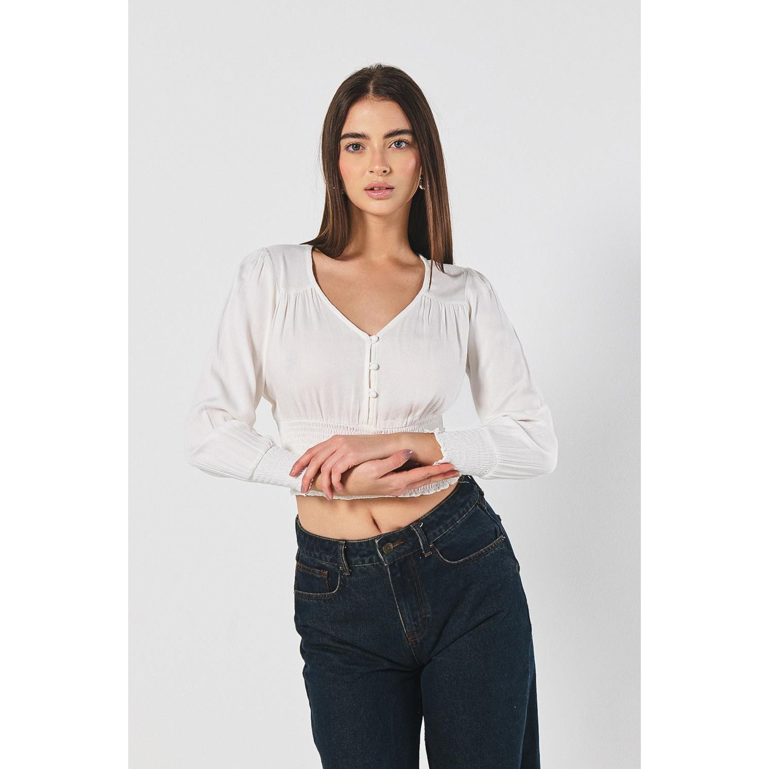 KOAJ BLUSA RAYON/UNICOLOR ESCOTE V ENCAUCHADA MANGA Mujer