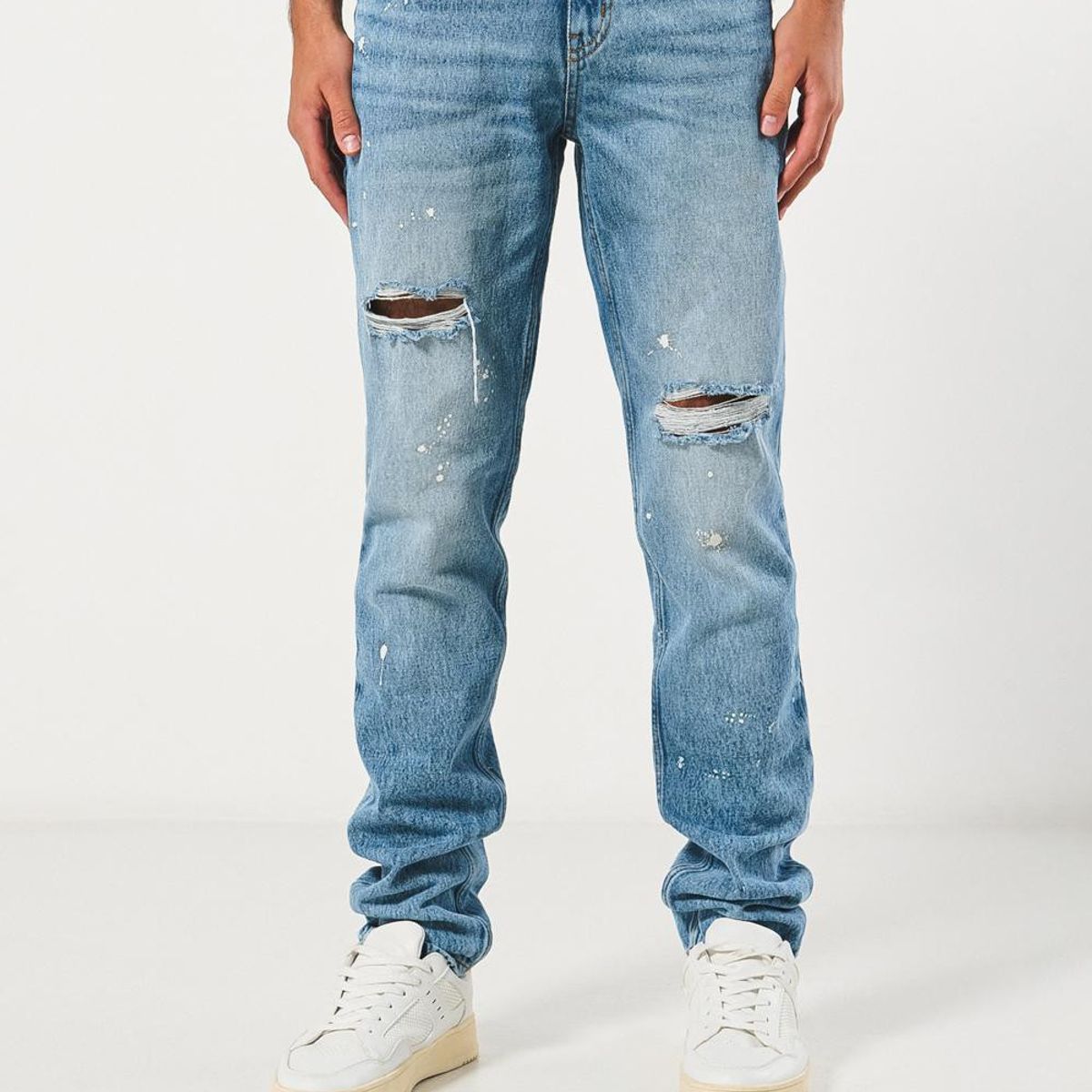 KOAJ - KOAJ Jean slim azul tiro bajo con rotos y diseños de salpica Hombre