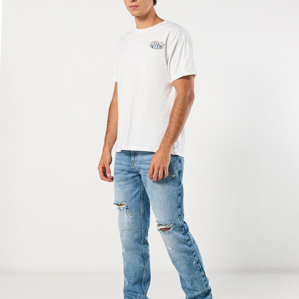 KOAJ - KOAJ Jean slim azul tiro bajo con rotos y diseños de salpica Hombre