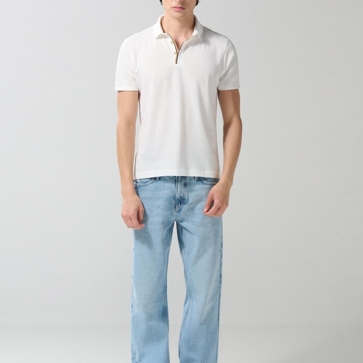 KOAJ - KOAJ Camiseta crema clara tipo polo manga corta con botones Hombre