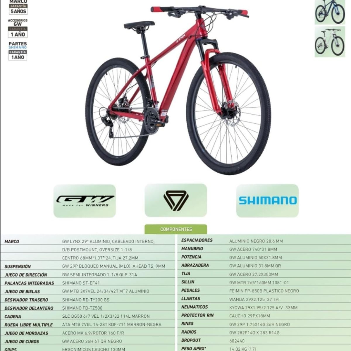 GW - Bicicleta todo terreno Gw Lynx Rin 29 Shimano 21 velocidades