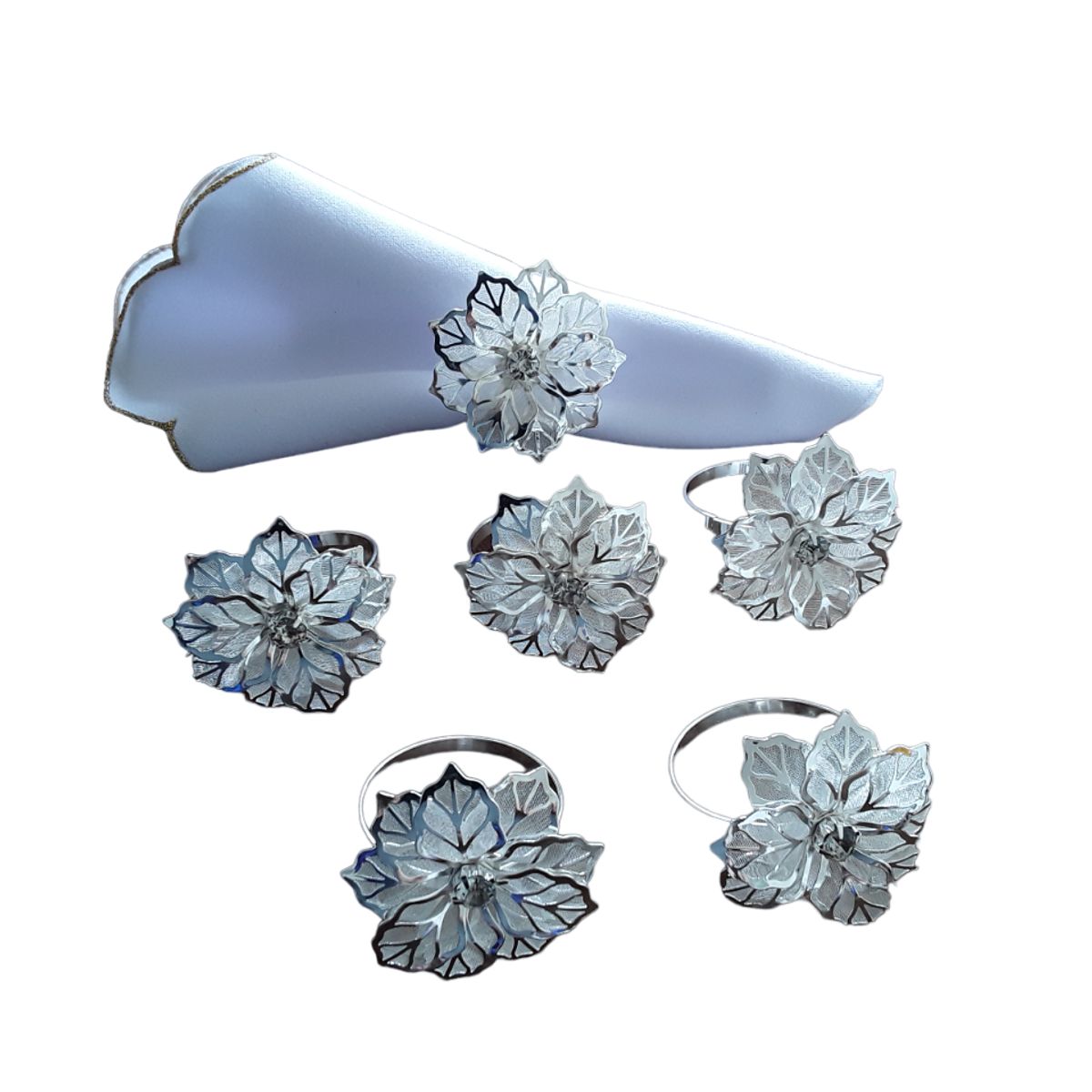 ARTESANAL - 6 SERVILLETEROS ANILLOS ARO PARA SERVILLETAS FLOR PLATEADA