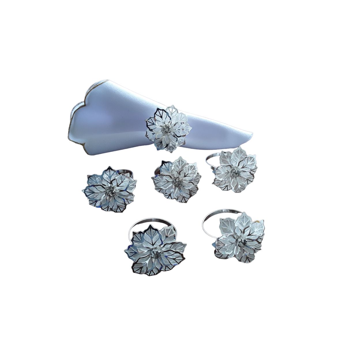 ARTESANAL - 6 SERVILLETEROS ANILLOS ARO PARA SERVILLETAS FLOR PLATEADA