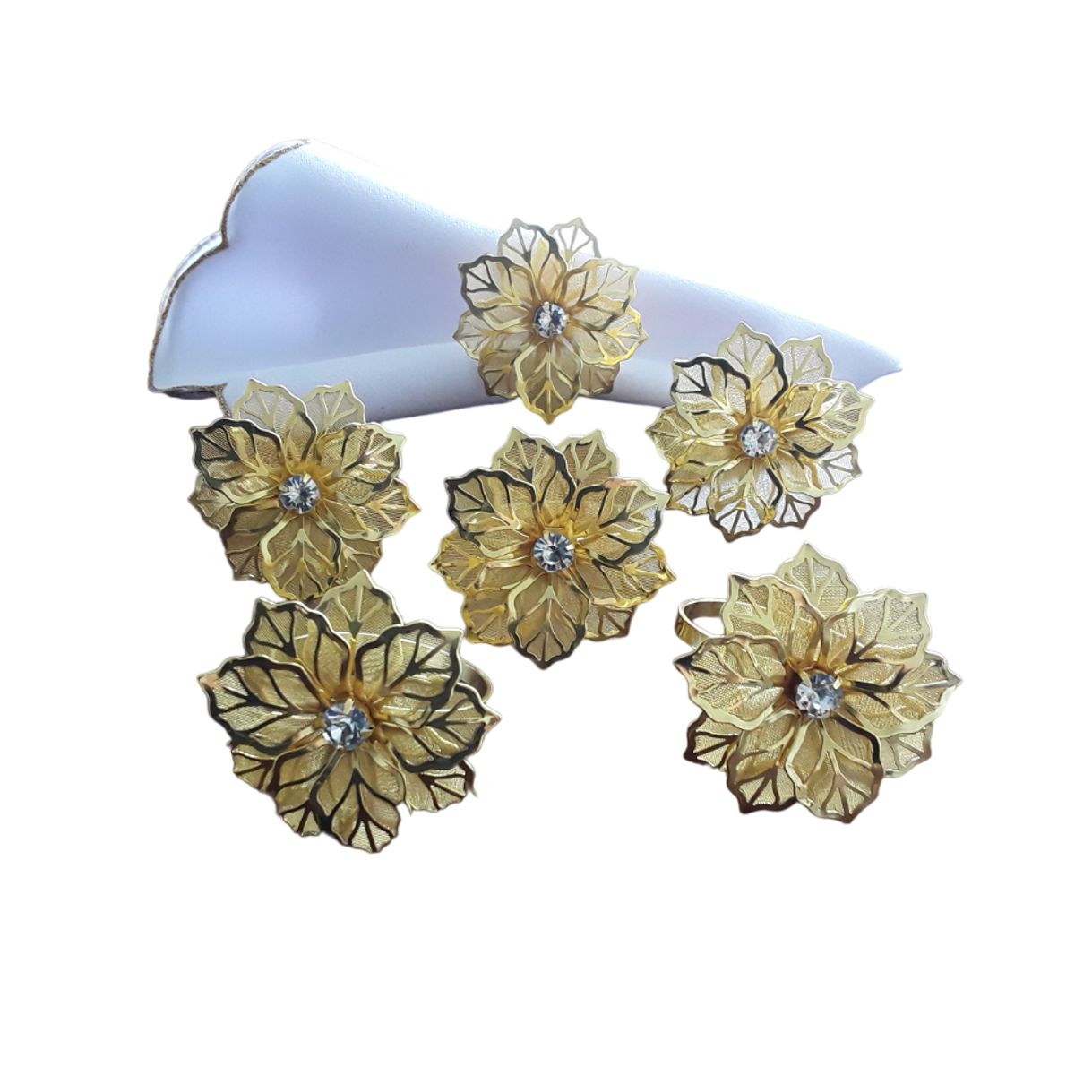 ARTESANAL - 6 SERVILLETEROS ANILLOS ARO PARA SERVILLETAS FLOR DORADA
