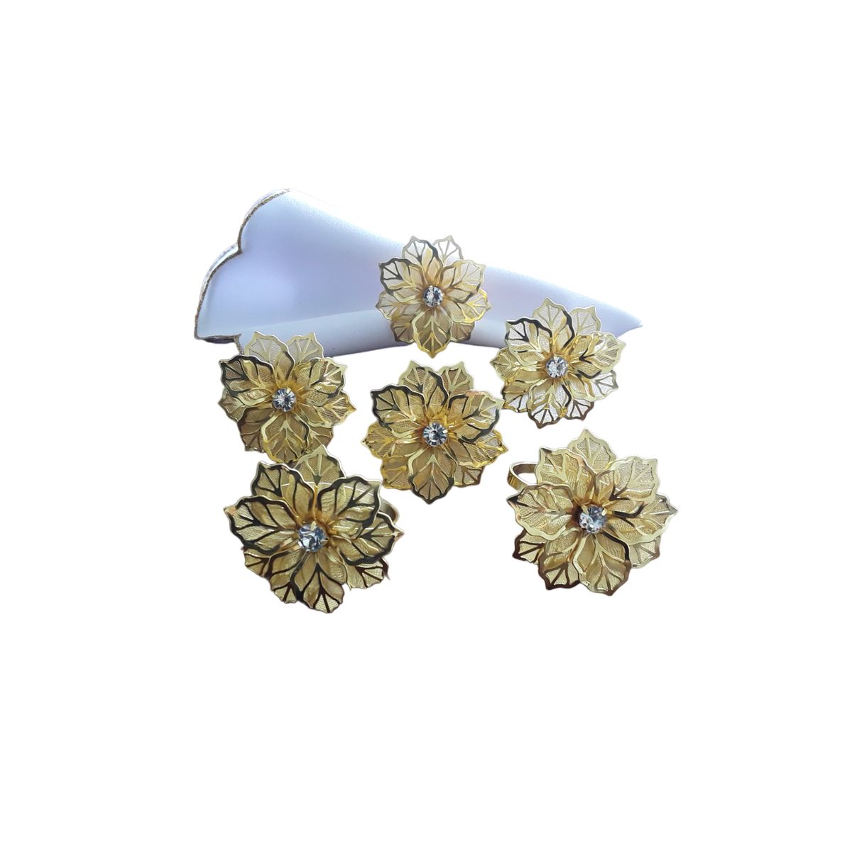 ARTESANAL - 6 SERVILLETEROS ANILLOS ARO PARA SERVILLETAS FLOR DORADA