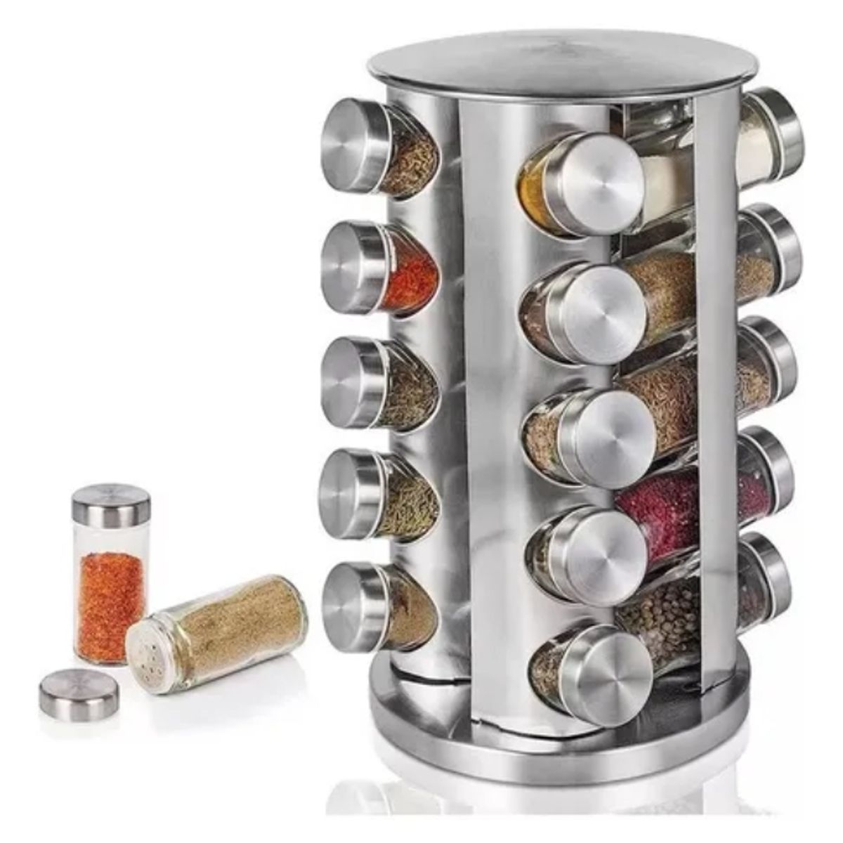 GENERICO - Especiero Giratorio Inoxidable con 20 Frascos Vidrio 19x33cm