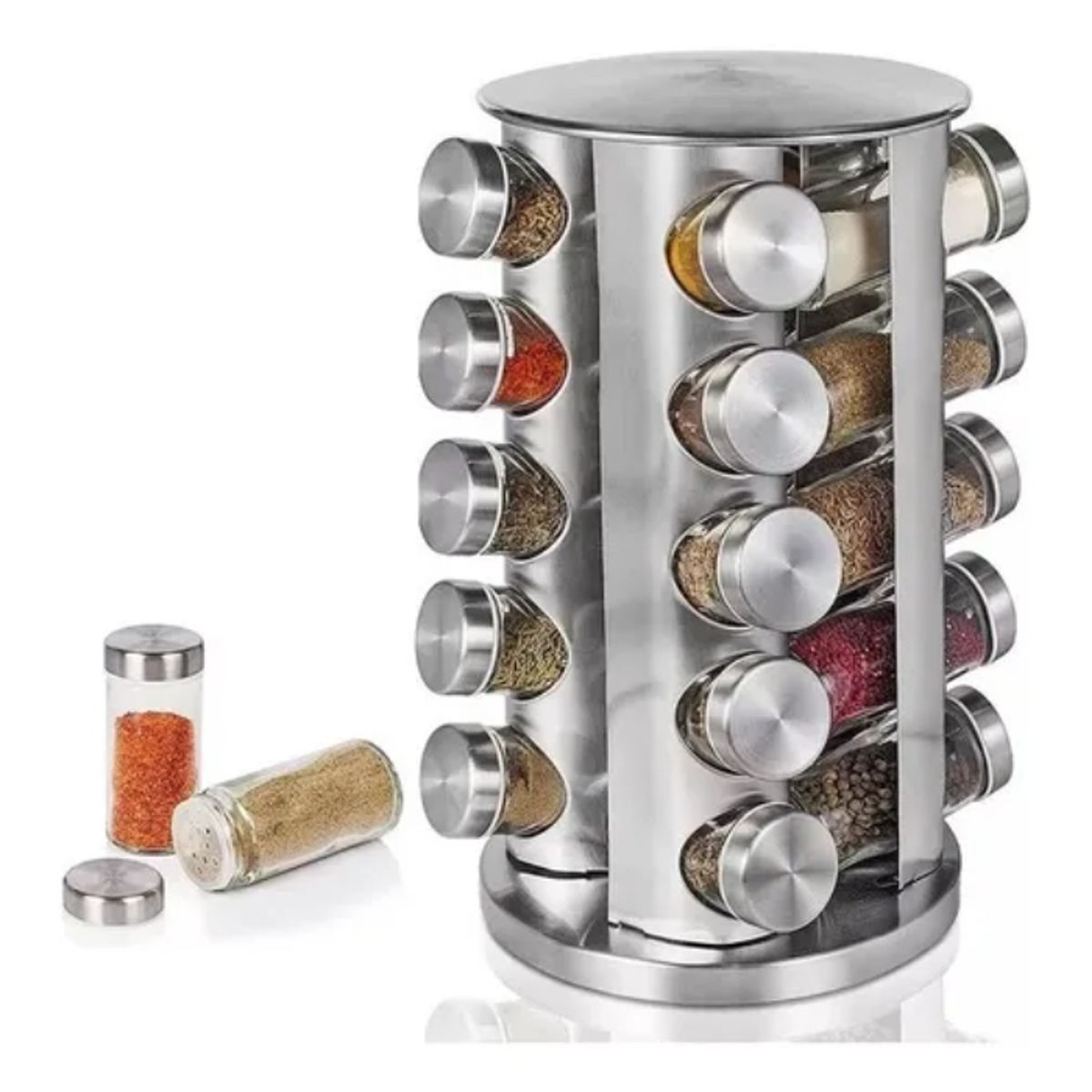 GENERICO - Especiero Giratorio Inoxidable con 20 Frascos Vidrio 19x33cm
