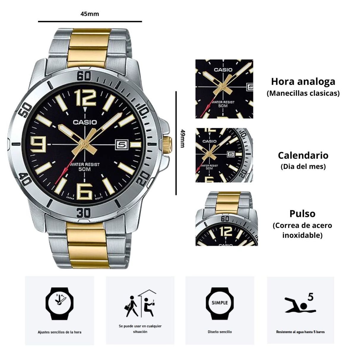 CASIO - Reloj Casio MTP-VD01SG-1B Diseño Elegante