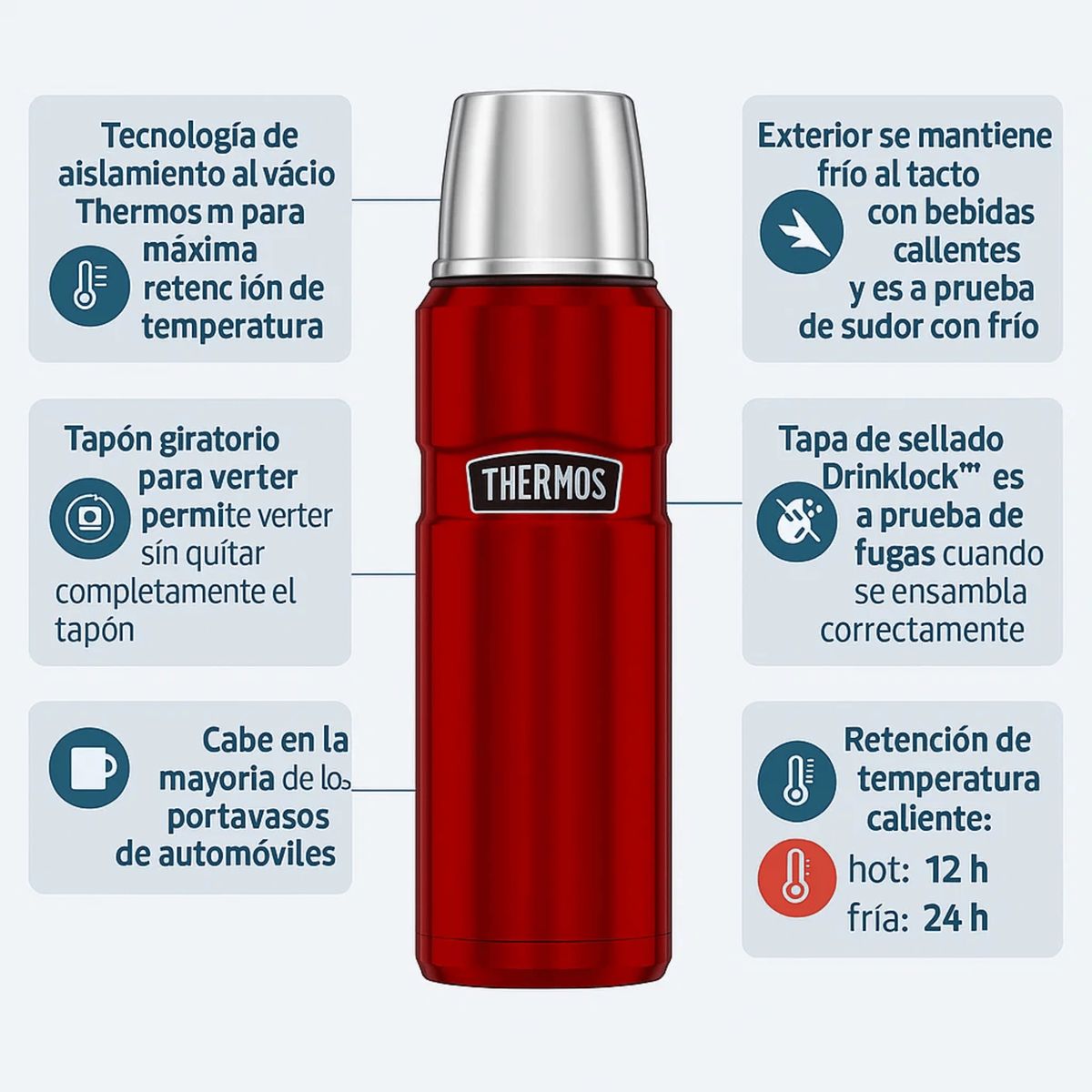 THERMOS - Termo Líquido King 470 ml Rojo Thermo en Acero Inoxidable Doble Pared
