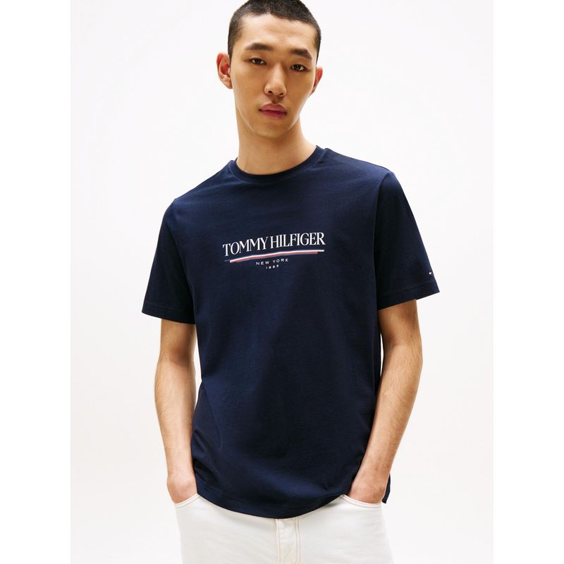 TOMMY HILFIGER - Camiseta azul de cuello redondo con logo Tommy Hilfiger