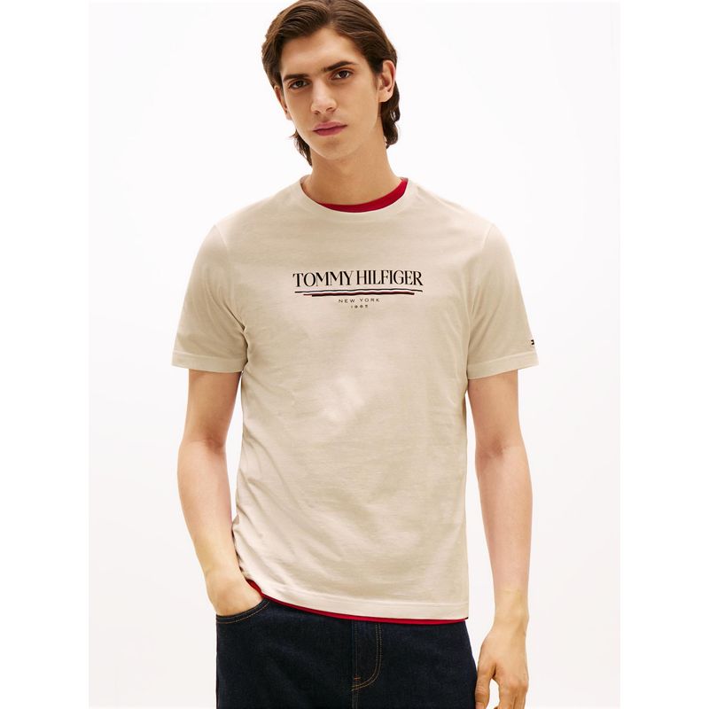TOMMY HILFIGER - Camiseta beige de cuello redondo con logo Tommy Hilfiger