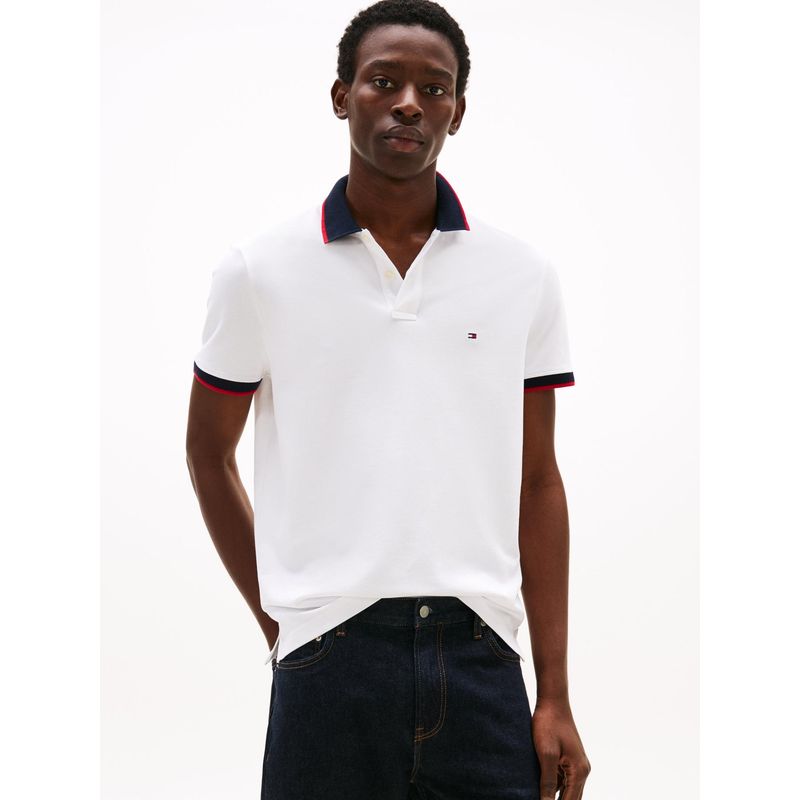 TOMMY HILFIGER - Polo blanco con cuello de punto a contraste Tommy Hilfiger