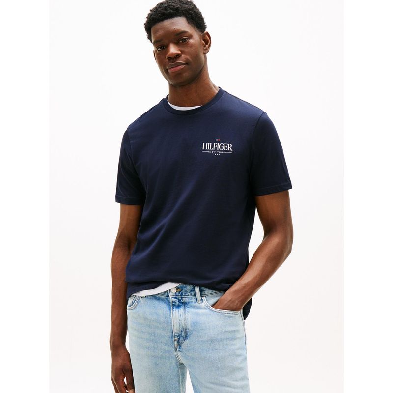 TOMMY HILFIGER - Camiseta azul de cuello redondo con logo Tommy Hilfiger