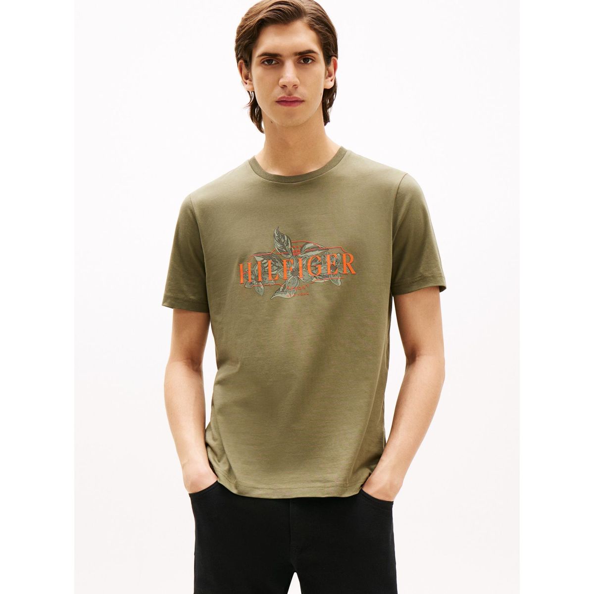 TOMMY HILFIGER - Camiseta verde de cuello redondo con logo tropical Tommy Hilfiger