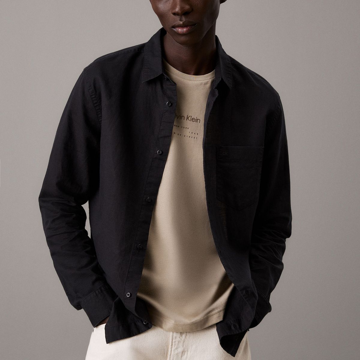 CALVIN KLEIN - Camisa negra de lino y algodón Calvin Klein