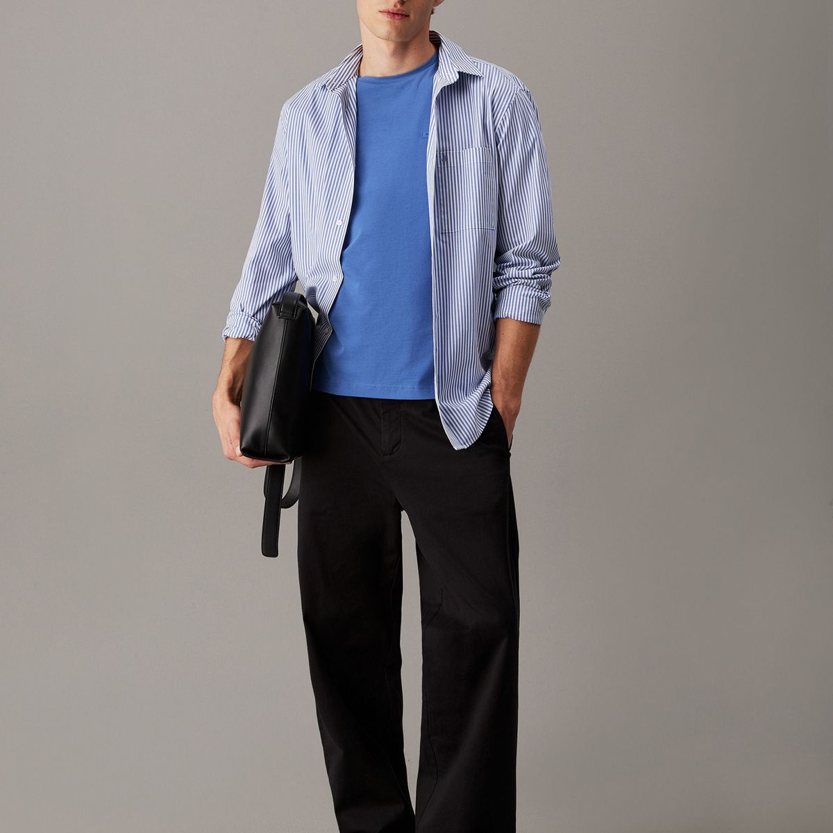 CALVIN KLEIN - Camisa celeste elástica a rayas de popelina Calvin Klein