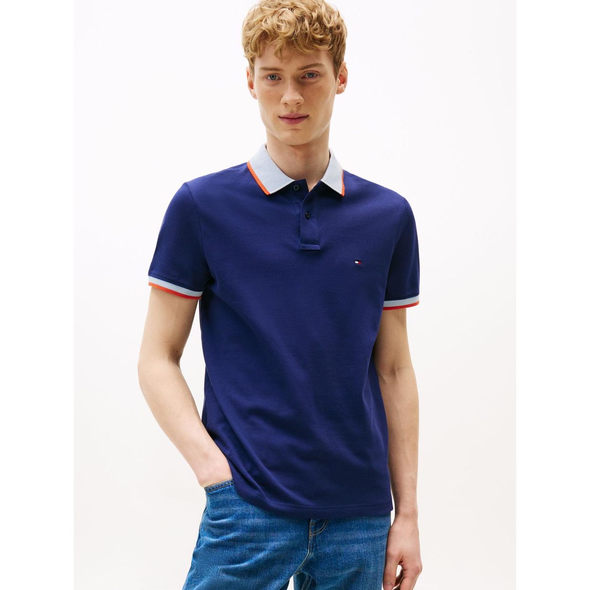TOMMY HILFIGER - Polo azul con cuello de punto a contraste Tommy Hilfiger