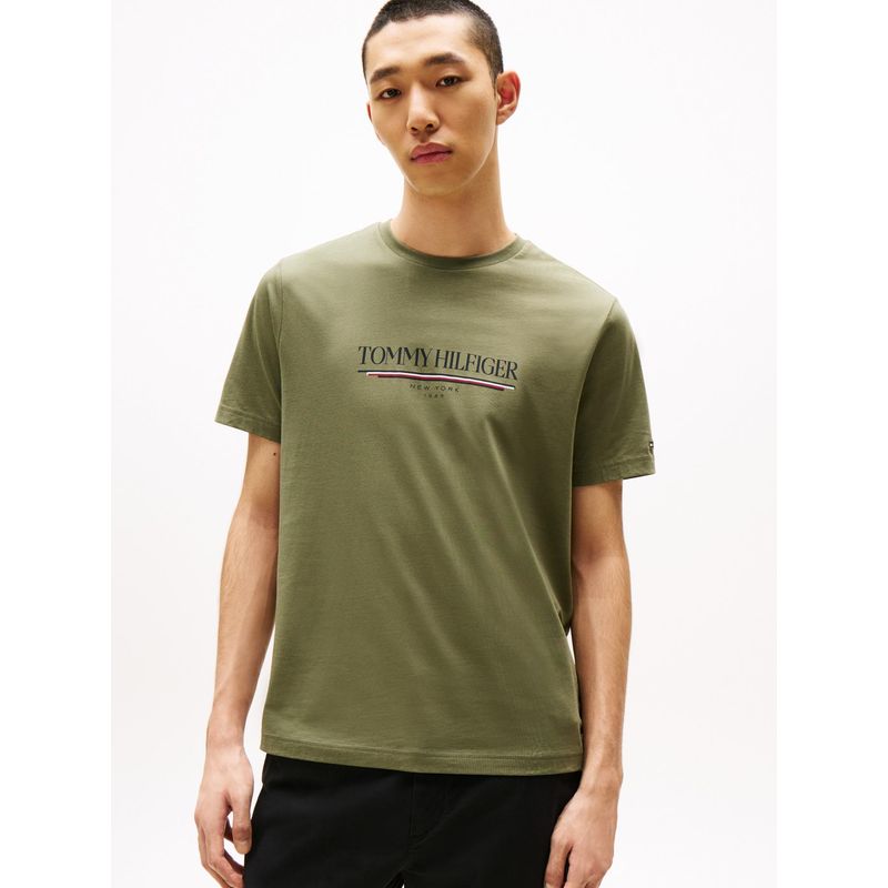 TOMMY HILFIGER - Camiseta verde de cuello redondo con logo Tommy Hilfiger