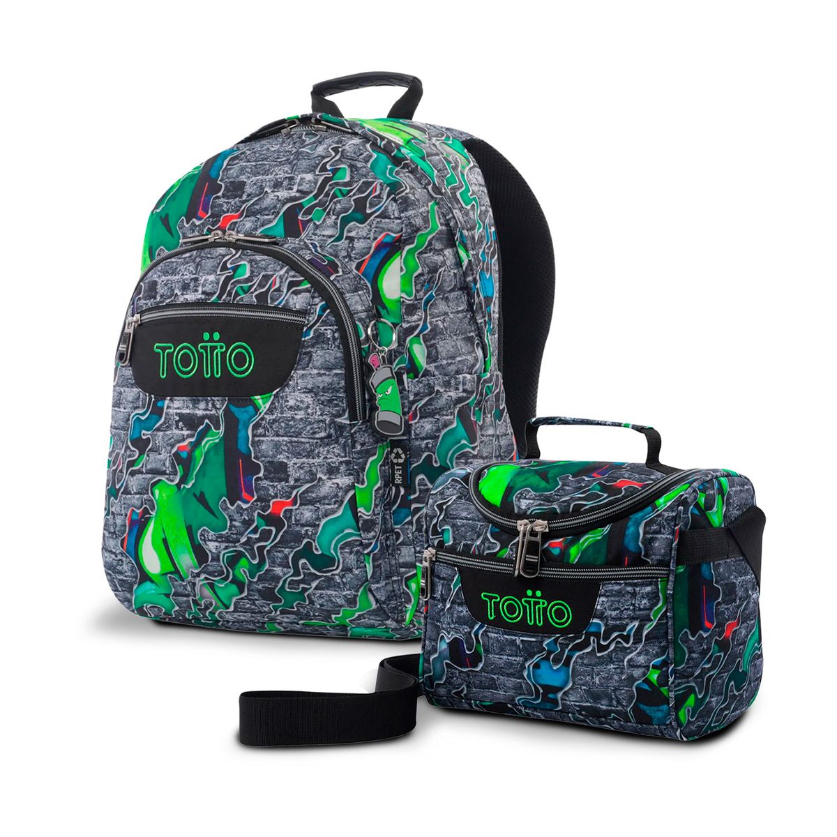 TOTTO - Combo Escolar Morral Acuarela Lonchera Térmica Pizarra Gris