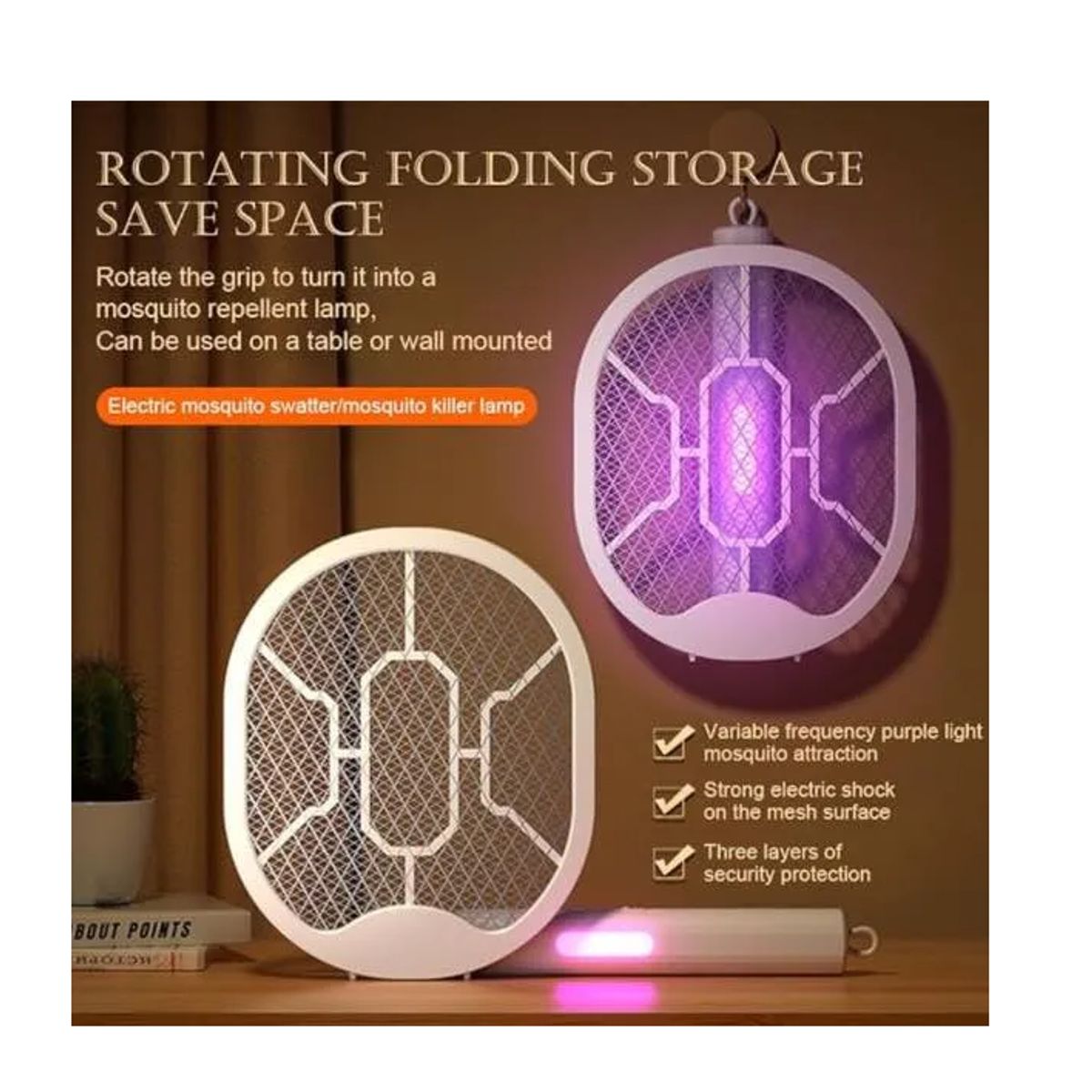 GENERICO - Raqueta Lampara Mata Mosquitos Zancudos Carga Usb Plegable