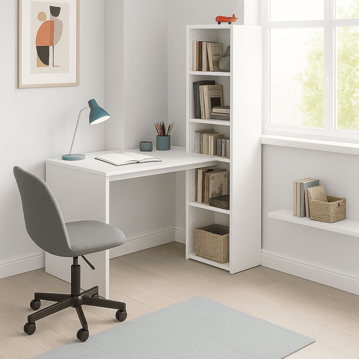 GENERICO - Escritorio con biblioteca moderno minimalista blanco_.