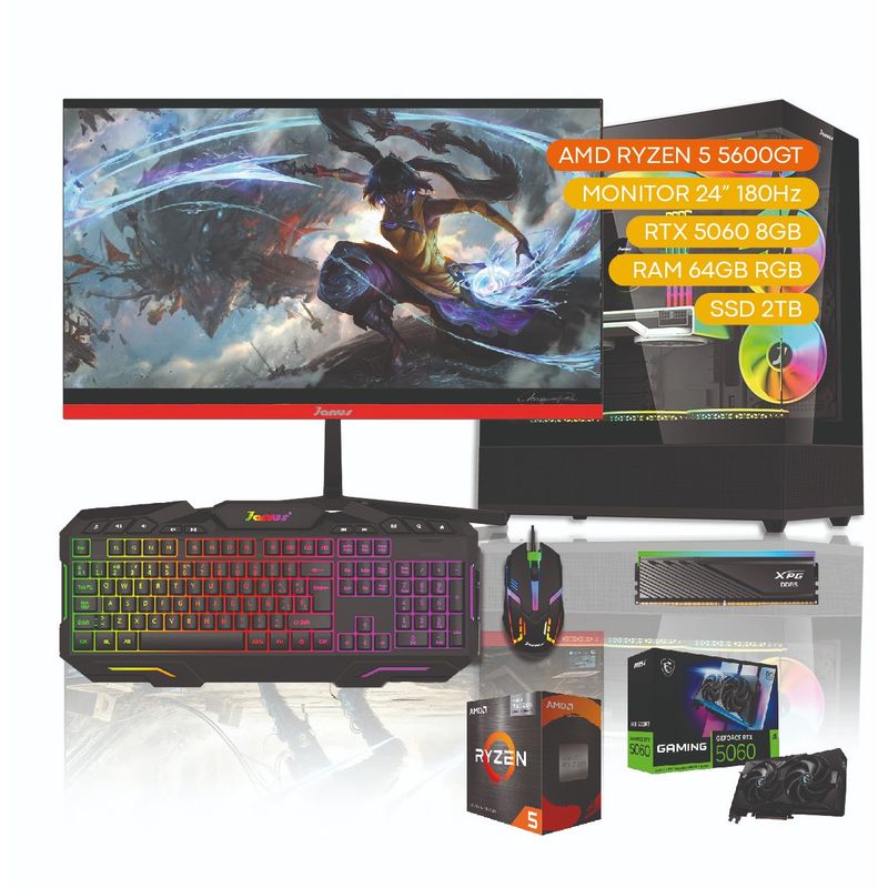 JANUS - COMPUTADOR TORRE GAMER RYZEN 5 5600GT RTX 5060 8 GB 64 GB DDR5/2 TB SSD 24"GAMER