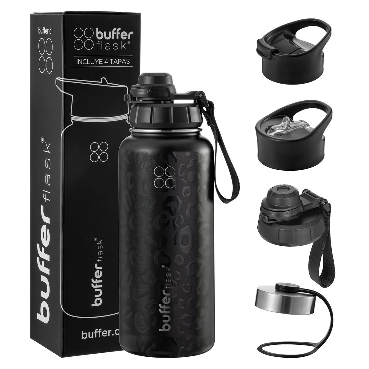 BUFFER FLASK - Termo Botella Agua Termica Inox Buffer + Tapas - Negro